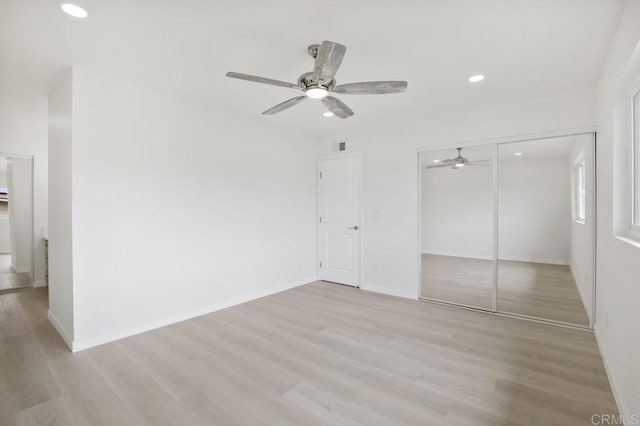 814 Hollister St Unit B, Otay Mesa, CA 92154 - unfurnished bedroom featuring recessed lighting, light wood finished floors, a closet, and a ceiling fan