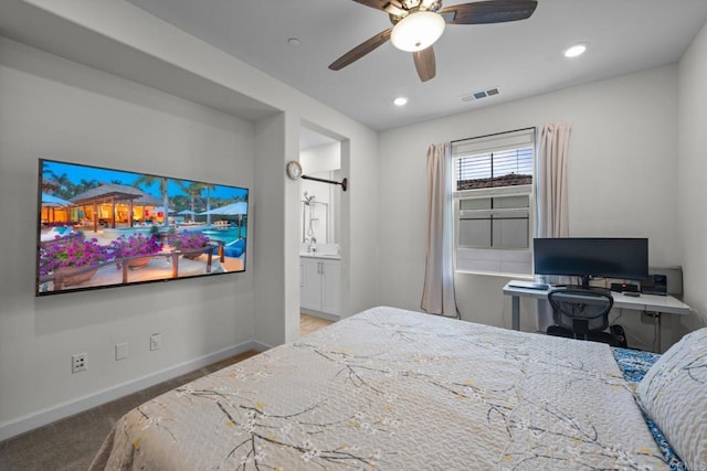 4376 Pacifica Dr Unit 2, Oceanside, CA 92056 - bedroom featuring recessed lighting, carpet flooring, a ceiling fan, and ensuite bathroom