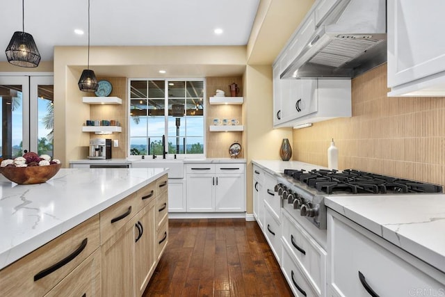 7661 Sitio Algodon, Carlsbad, CA 92009 - kitchen featuring extractor fan, open shelves, stainless steel gas cooktop, dark wood-style flooring, and recessed lighting