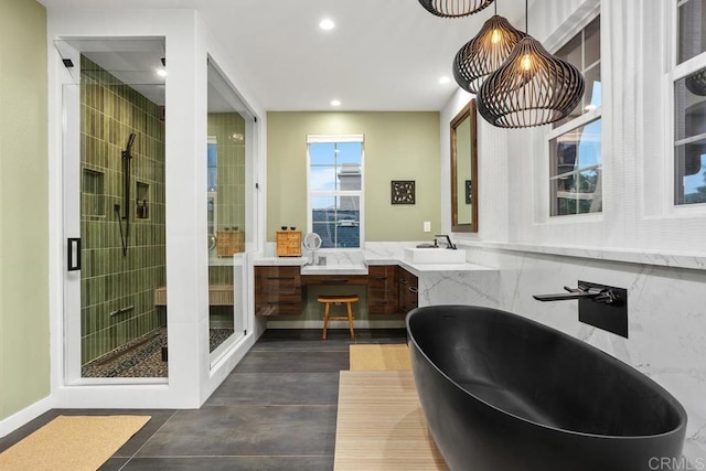 7661 Sitio Algodon, Carlsbad, CA 92009 - full bath with a stall shower, a freestanding bath, vanity, and recessed lighting