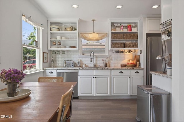310 N Fulton St, Ojai, CA 93023 - kitchen with stainless steel appliances, white cabinetry, open shelves, backsplash, and recessed lighting