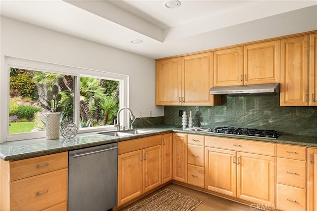 19795 Futura Dr, Yorba Linda, CA 92886 - kitchen featuring stainless steel appliances, tasteful backsplash, dark stone counters, under cabinet range hood, and recessed lighting