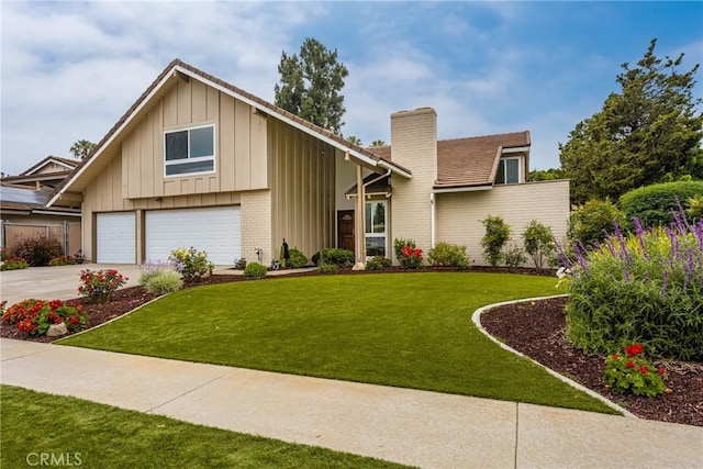 19795 Futura Dr, Yorba Linda, CA 92886 - view of front of property featuring board and batten siding, a chimney, concrete driveway, a garage, and a front yard