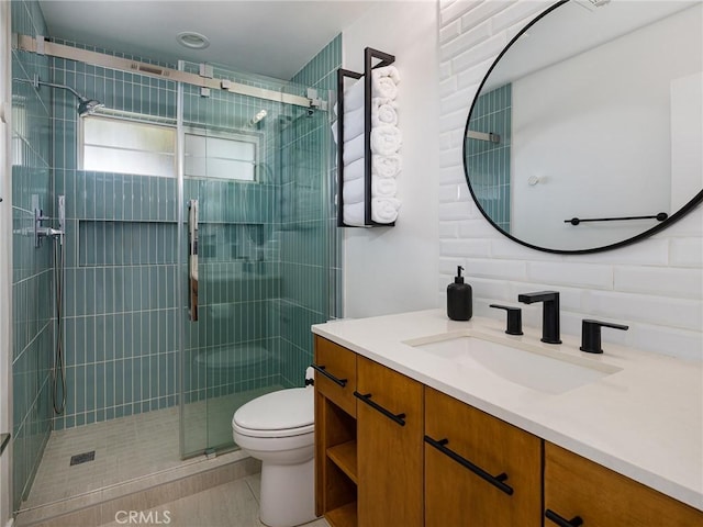 22477 Kent, Torrance, CA 90505 - bathroom with vanity, a stall shower, tasteful backsplash, and tile patterned floors