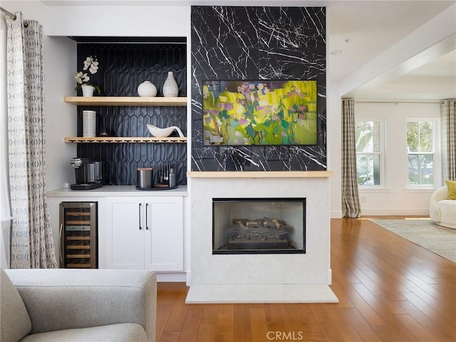 22477 Kent, Torrance, CA 90505 - living room with wine cooler, hardwood / wood-style floors, a fireplace, and a dry bar