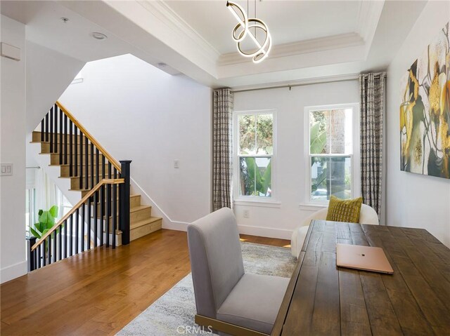 22477 Kent, Torrance, CA 90505 - office featuring wood finished floors, a tray ceiling, crown molding, and a chandelier