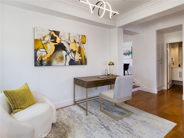 22477 Kent, Torrance, CA 90505 - home office with wood finished floors, a chandelier, and crown molding