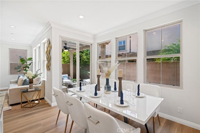 89 Overbrook, Irvine, CA 92620 - dining area featuring crown molding, light wood-style flooring, recessed lighting, and ceiling fan