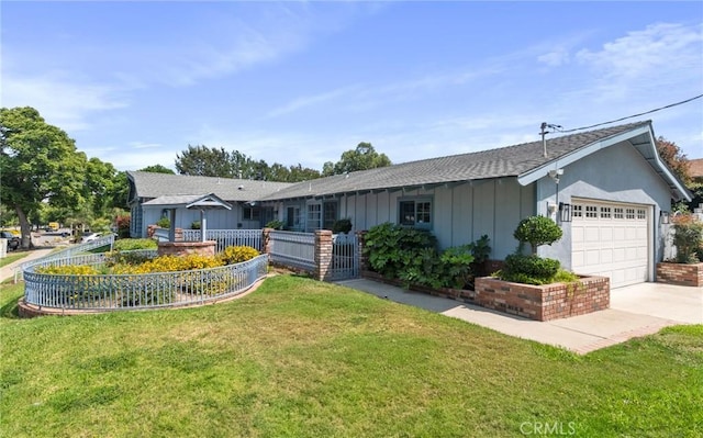 6210 Riverside Ave, Rialto, CA 92377 - ranch-style house featuring an attached garage, board and batten siding, driveway, and roof with shingles