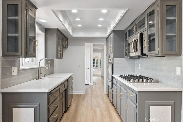 6210 Riverside Ave, Rialto, CA 92377 - kitchen featuring ornamental molding, appliances with stainless steel finishes, light wood-type flooring, a raised ceiling, and backsplash