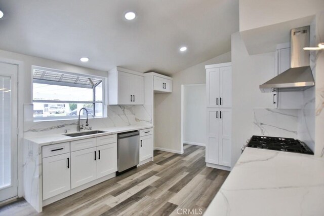 13282 Cherry St, Westminster, CA 92683 - kitchen with dishwasher, wall chimney range hood, light stone countertops, black gas stovetop, and decorative backsplash