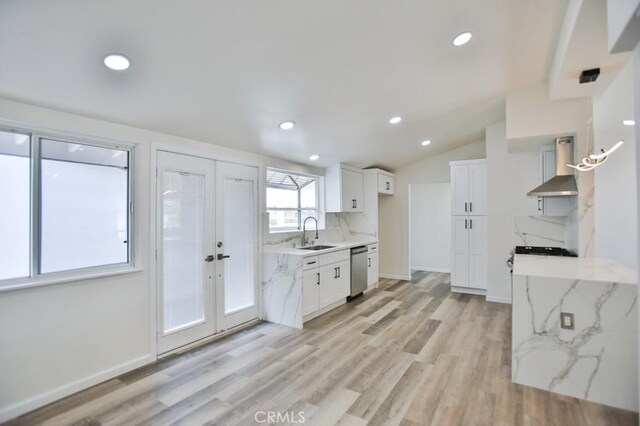 13282 Cherry St, Westminster, CA 92683 - kitchen featuring wall chimney exhaust hood, stainless steel dishwasher, backsplash, white cabinetry, and recessed lighting
