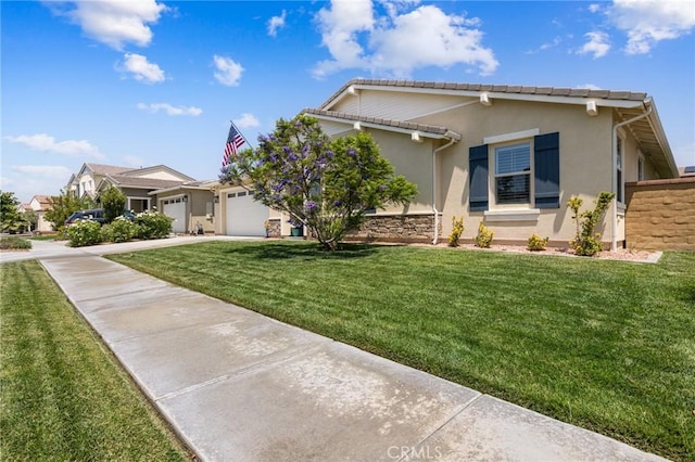 24420 Crooked Trail Dr, Menifee, CA 92584 - ranch-style house with an attached garage, stucco siding, a front yard, driveway, and stone siding