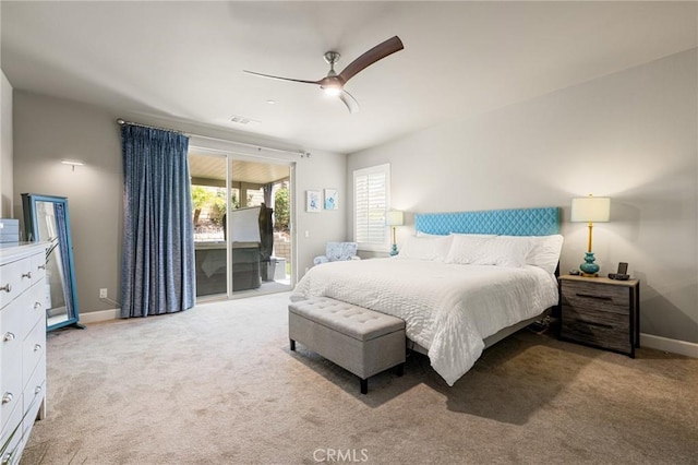 24420 Crooked Trail Dr, Menifee, CA 92584 - bedroom with access to exterior, light colored carpet, and a ceiling fan