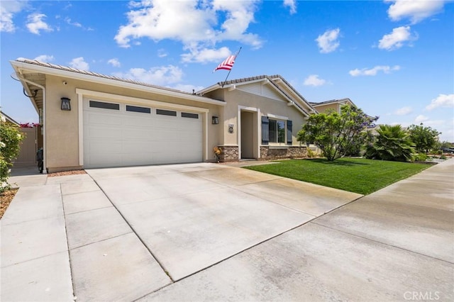 24420 Crooked Trail Dr, Menifee, CA 92584 - ranch-style house featuring stucco siding, concrete driveway, an attached garage, a front yard, and stone siding