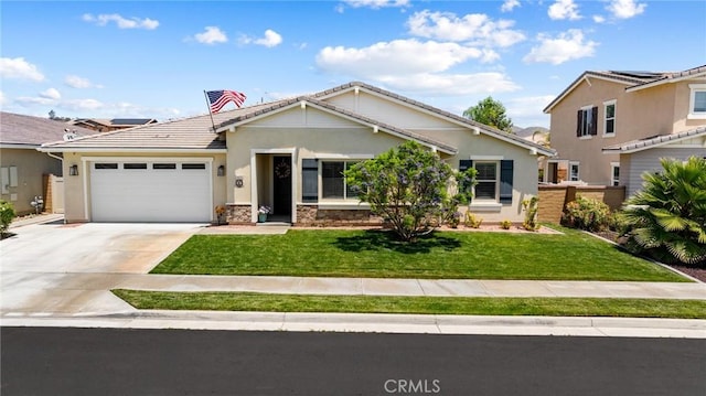 24420 Crooked Trail Dr, Menifee, CA 92584 - view of front of property with an attached garage, concrete driveway, a tile roof, and stucco siding