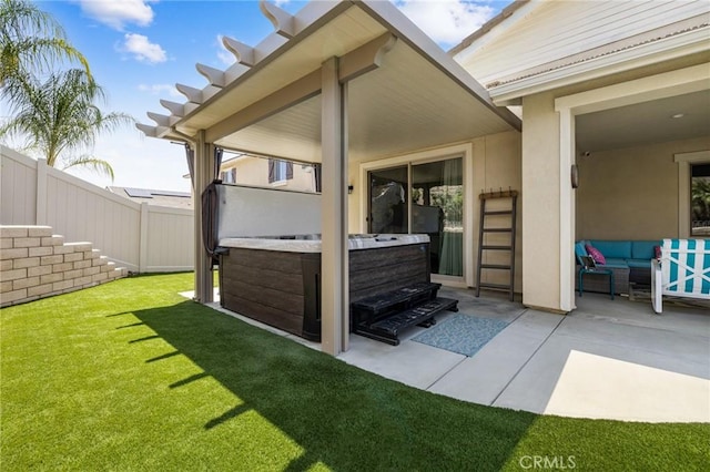 24420 Crooked Trail Dr, Menifee, CA 92584 - view of patio with a hot tub and outdoor lounge area