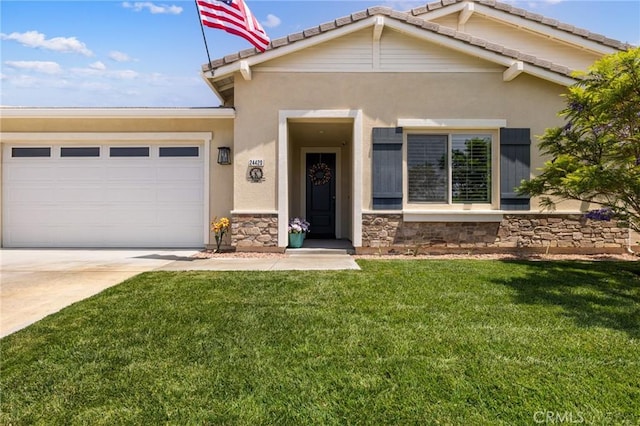 24420 Crooked Trail Dr, Menifee, CA 92584 - view of front of house with stucco siding, a front yard, concrete driveway, stone siding, and an attached garage