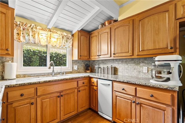 9214 Mclennan Ave, Northridge, CA 91343 - kitchen with light stone counters, light wood-type flooring, brown cabinetry, tasteful backsplash, and wood ceiling