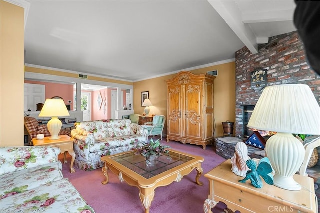 9214 Mclennan Ave, Northridge, CA 91343 - living area featuring a fireplace, carpet floors, beam ceiling, and crown molding