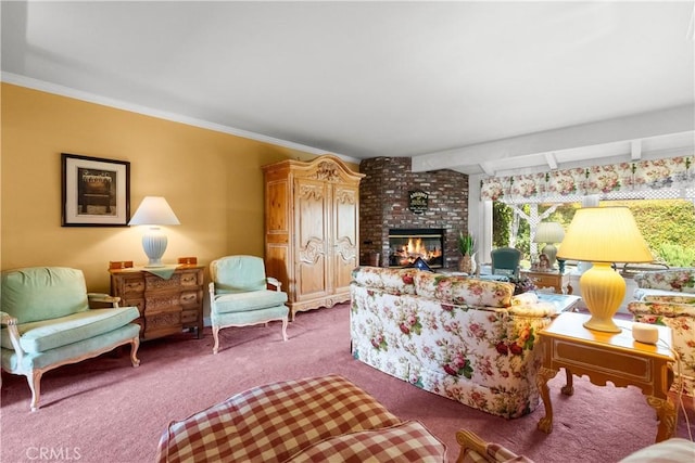 9214 Mclennan Ave, Northridge, CA 91343 - living room featuring carpet flooring, a brick fireplace, and ornamental molding