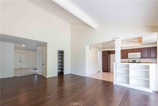 28752 Pisces St, Agoura Hills, CA 91301 - unfurnished living room featuring ornate columns, wood finished floors, recessed lighting, beamed ceiling, and high vaulted ceiling