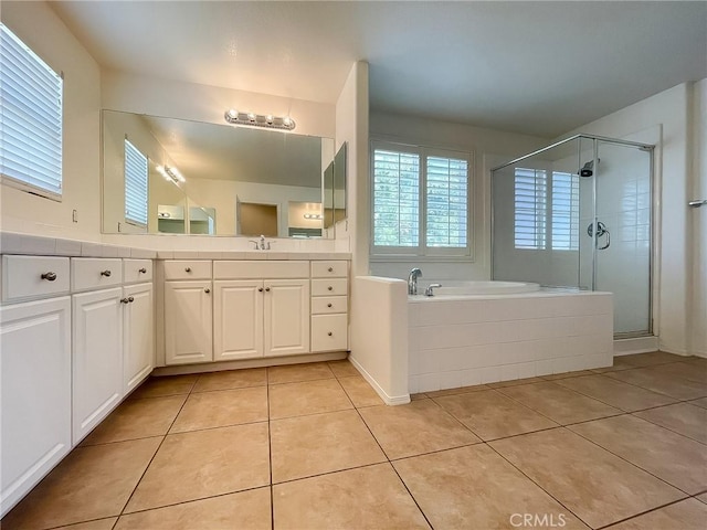 41926 Bonita Dr, Palmdale, CA 93551 - full bathroom with tile patterned flooring, a bath, vanity, and a shower stall