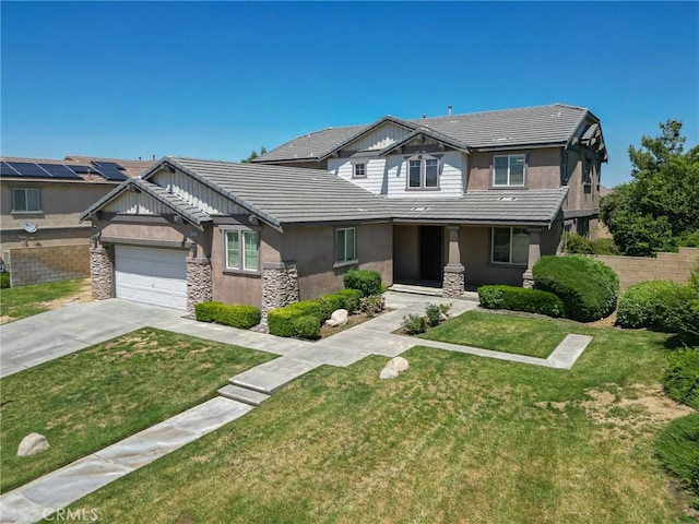 41926 Bonita Dr, Palmdale, CA 93551 - craftsman-style house with concrete driveway, stucco siding, a tiled roof, and stone siding