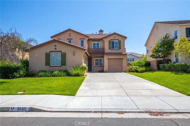 30315 Laruns St, Murrieta, CA 92563 - mediterranean / spanish-style home with stucco siding, a tile roof, a chimney, a garage, and concrete driveway