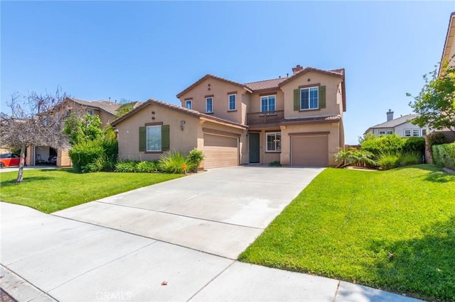 30315 Laruns St, Murrieta, CA 92563 - mediterranean / spanish house with stucco siding, a garage, a tile roof, and a front yard