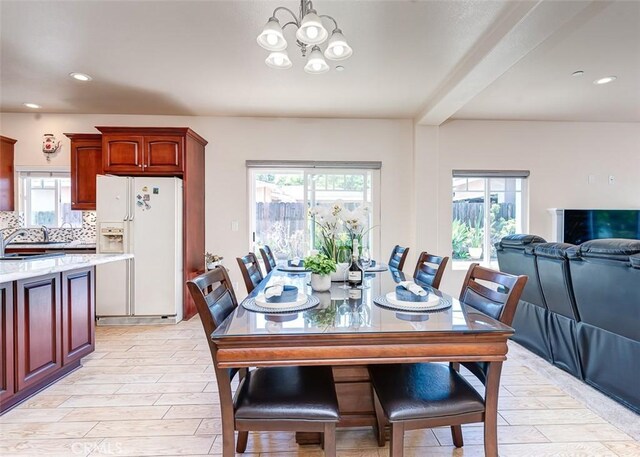 335 E Francis Ave, La Habra, CA 90631 - dining space with a chandelier, light wood-style floors, beamed ceiling, and recessed lighting
