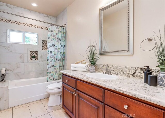 335 E Francis Ave, La Habra, CA 90631 - bathroom with vanity, tile patterned floors, and shower / bathtub combination with curtain