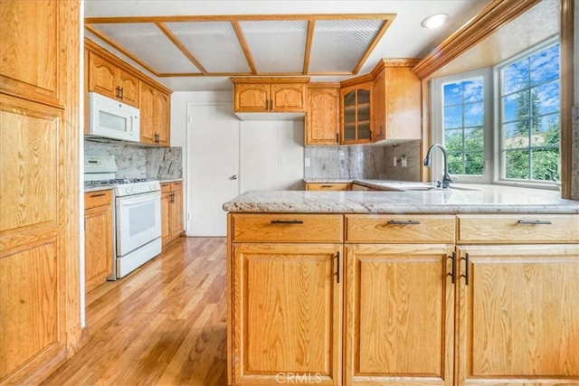 1129 Belbury Dr, Walnut, CA 91789 - kitchen featuring white appliances, light stone counters, light wood-style flooring, tasteful backsplash, and glass insert cabinets
