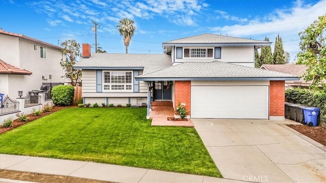 1129 Belbury Dr, Walnut, CA 91789 - tri-level home with a front lawn, concrete driveway, a shingled roof, a chimney, and an attached garage