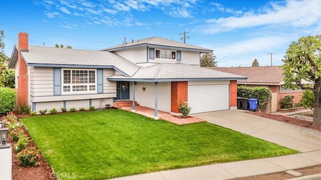 1129 Belbury Dr, Walnut, CA 91789 - tri-level home with a garage, a front yard, concrete driveway, a chimney, and roof with shingles