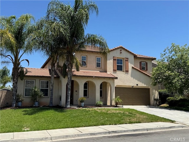 33314 Lazurite Way, Menifee, CA 92584 - mediterranean / spanish home featuring stucco siding, concrete driveway, a tile roof, and an attached garage