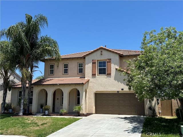 33314 Lazurite Way, Menifee, CA 92584 - mediterranean / spanish-style home featuring stucco siding, a garage, concrete driveway, and a front lawn