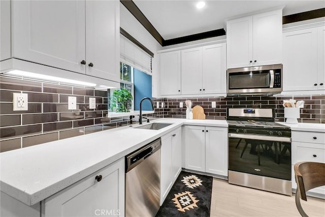 12342 Blue Sky Ct, Whittier, CA 90602 - kitchen with appliances with stainless steel finishes, white cabinetry, and decorative backsplash