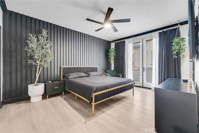 12342 Blue Sky Ct, Whittier, CA 90602 - bedroom with access to exterior, wood finished floors, a ceiling fan, and wallpapered walls