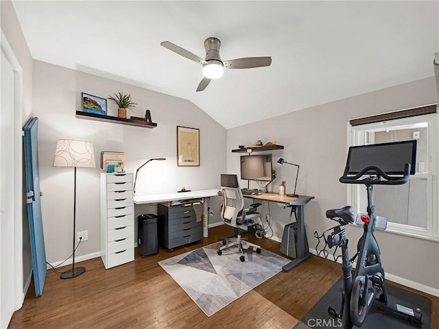 15017 Archwood St, Van Nuys, CA 91405 - office area with a ceiling fan, lofted ceiling, and wood finished floors