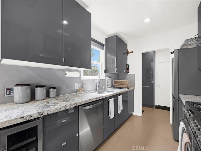 15017 Archwood St, Van Nuys, CA 91405 - kitchen featuring appliances with stainless steel finishes, beverage cooler, light stone countertops, modern cabinets, and concrete flooring