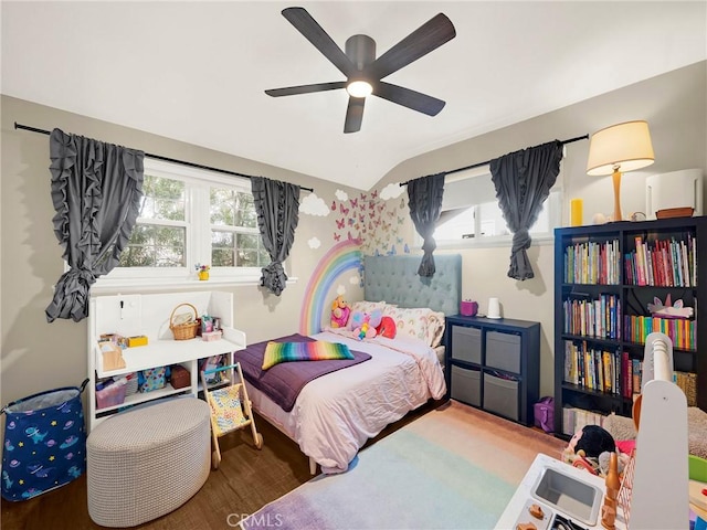 15017 Archwood St, Van Nuys, CA 91405 - bedroom featuring multiple windows, wood finished floors, vaulted ceiling, and a ceiling fan