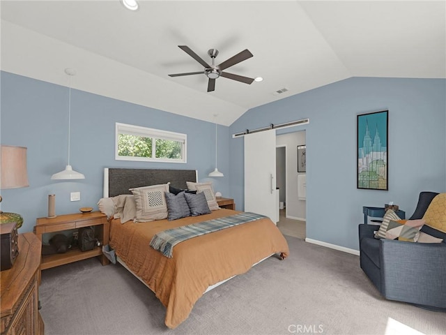 15017 Archwood St, Van Nuys, CA 91405 - bedroom with a barn door, vaulted ceiling, carpet floors, ceiling fan, and recessed lighting