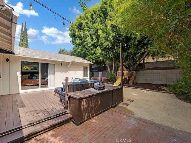 15017 Archwood St, Van Nuys, CA 91405 - wooden terrace featuring an outdoor hangout area, a fenced backyard, and a patio