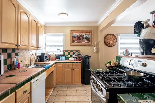 2561 E Washington St, Carson, CA 90810 - kitchen featuring gas range, tile counters, dishwasher, decorative backsplash, and light brown cabinets