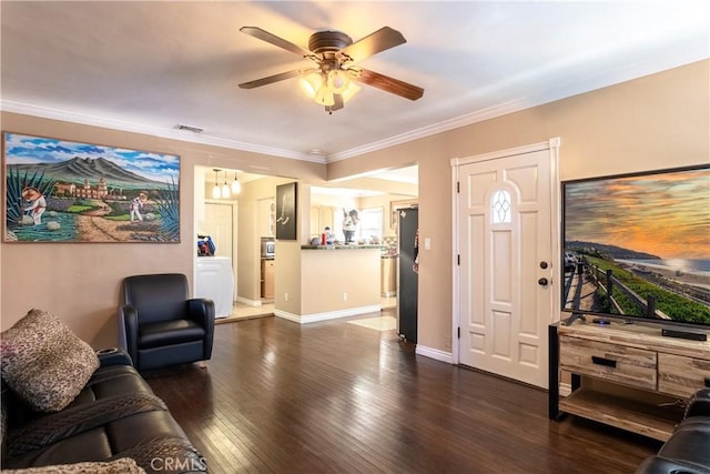 2561 E Washington St, Carson, CA 90810 - living room featuring ornamental molding, ceiling fan, and dark wood-style floors