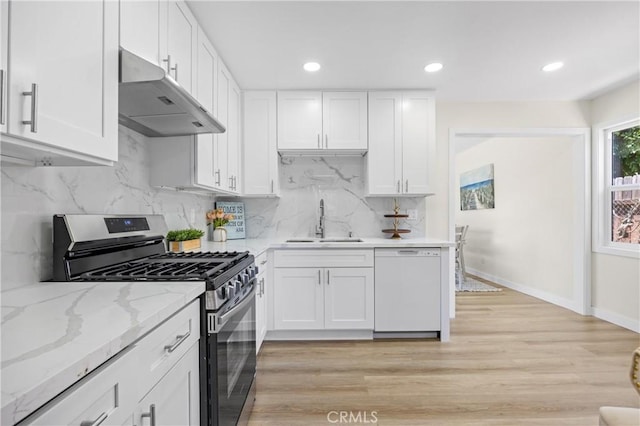 4003 Puente Ave, Baldwin Park, CA 91706 - kitchen with stainless steel range with gas cooktop, white dishwasher, ventilation hood, white cabinets, and recessed lighting