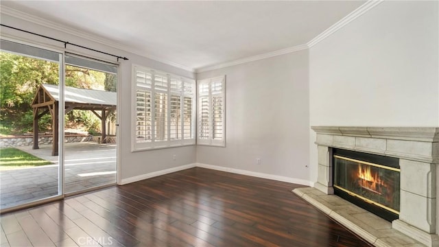 31850 Camino Marea, Temecula, CA 92592 - unfurnished living room with a tile fireplace, hardwood / wood-style floors, and crown molding