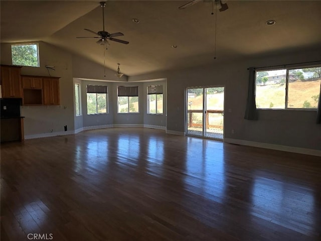 2723 Apache Trl, Clearlake Oaks, CA 95423 - unfurnished living room featuring ceiling fan, plenty of natural light, wood finished floors, and high vaulted ceiling