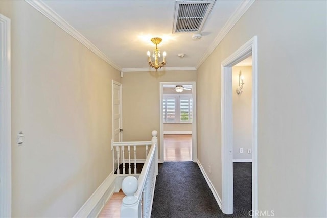 1350 E Chase Dr, Corona, CA 92881 - corridor with an upstairs landing, a chandelier, and ornamental molding